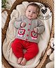 Woonie Handknitted Full Sleeves Animal Patch Detailed Sweater & Pants Set - Grey