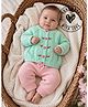 Woonie Handknitted Full Sleeves Floral Applique Detailed Sweater & Pants Set - Green