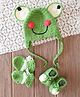 Woonie Handknitted Frog Designed Eyes Applique Detailed Cap With Mitten & Booties - Green - Circumference - 35 Cm