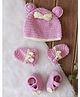 Woonie Handknitted Bow & Ears Applique Detailed Cap With Mittens & Booties - Pink - Circumference - 30 Cm