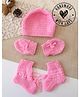 Woonie Handknitted Solid Cap With Mittens & Booties - Pink - Circumference - 35 Cm