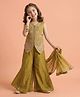 Smile Baby NX Tissue Woven Sleeveless Floral Embroidered Kurti & Palazzo With Dupatta Set - Olive Green