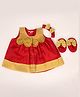 BownBee Chanderi Woven Sleeveless Floral Applique Detailed Dress With Booties & Headband - Red
