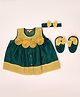 BownBee Chanderi Woven Sleeveless Floral Applique Detailed Dress With Booties & Headband - Green