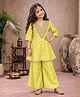 Superminis Silk Woven Three Fourth Sleeves Floral Embroidered Stones Embellished Kurti & Palazzo Set - Yellow