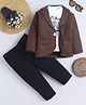 Fourfolds Cotton Blend Woven Typography Printed Tee & Trousers With Full Sleeves Textured Blazer Set - Brown