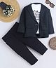 Fourfolds Cotton Blend Woven Typography Printed Tee & Trousers With Full Sleeves Textured Blazer Set - Navy Blue