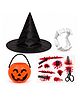 Sarvda Halloween Theme Jack O Lantern Design Basket Vampire Teeth & Stickers Costume Accessory Set - Multi Colour