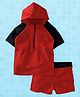 Yellowbee Color Block Half Sleeves Hooded T-Shirt & Shorts Set - Red