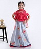 Babyhug Cold Shoulder Choli And Lehenga With Dupatta Studded Detailing - Red Grey