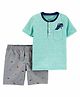 Carter's 2-Piece Dinosaur Snow Yarn Henley Tee  & Canvas Shorts Set - Green Grey