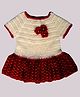 Knits & Knots crochet Flower Decorated  Half Sleeves Dress - Cream & Red