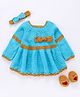 USHA ENTERPRISES Bow Embellished Crochet Handmade Full Sleeves Frock With Booties Hair Band - Blue