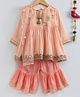 Little Bansi Full Sleeves Gota Lace Embellished & Floral Sequins Embroidered Kurta & Sharara With Dupatta Set - Peach