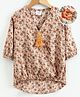 Button Noses Three Fourth Sleeves Asymmetrical  Top Floral Print - Peach