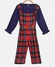 Pspeaches Full Sleeves Puffed Solid Color Top With Checked Dungaree Set  - Red & Blue