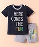 OHMS Single Jersey Half Sleeves Text Printed T-Shirt & Shorts Set - Navy Blue & Grey
