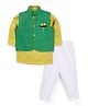 Active Kids Wear Jodhpuri Kurta And Pajama With Jacket Brooch Design - Green And Yellow