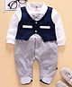Brats and Dolls Full Sleeves Mock Jacket Footed Romper with Bow - Navy Blue