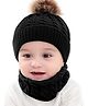 Syga Woolen Pom Pom Cap & Scarf Set Black - Diameter 15.5 cm
