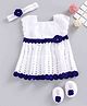 USHA ENTERPRISES Short Sleeves Floral Applique Dress With Headband & Booties - White