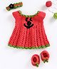 USHA ENTERPRISES Sleeveless Smiley Knit Detailing Sweater Dress With Headband & Booties - Pink