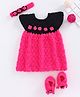USHA ENTERPRISES Short Sleeves Flower Knit Detailing Dress With Headband & Booties - Pink