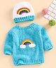USHA ENTERPRISES Crochet Rainbow Full Sleeves Sweater With Cap - Blue