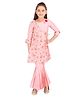 Cutecumber Three Fourth Sleeves Flower Embroidery Detailing Kurta & Sharara Set - Peach
