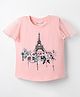 Peppermint Knit Half Frill Sleeves Top with Eiffel Tower & Floral Print - Pink