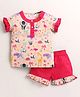 M'andy Half Frill Sleeves Zoo Theme Printed Night Suit - Pink