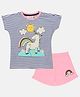 Little Marine Striped Short Sleeves Unicorn Printed Tee & Shorts Set - Blue & Pink