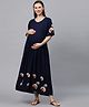MomToBe Half Sleeves Flower Embroidered Maternity Dress - Navy Blue