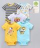 Babyoye Cotton Short Sleeves Striped Onesies Animals Print Pack of 5 - Blue Yellow Grey White Multicolor