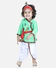 BownBee Janmashtami Theme Full Sleeves Peacock Feather Embroidered Kurta With Dhoti & Basuri With Mukut & Band - Green