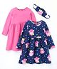 Pspeaches Full Sleeves Pack Of 2 Owl Print Dresses With Face Mask - Navy Blue & Pink