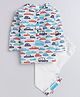 Polka Tots Full Sleeves Car Printed Night Suit - White & Blue