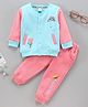 Little Folks Full Sleeves Tee & Lounge Pant Floral Embroidery - Sea Green Pink