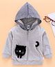 Teddy Full Sleeves Hooded Sweatshirt Cat Embroidery - Grey