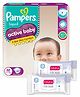Pampers Active Baby Taped Diapers, Medium size diapers, (M) 62 count, taped style custom fit & Babyhug Daily Moisturising Milk Wipes - 24 Pieces - (Pack of 2)