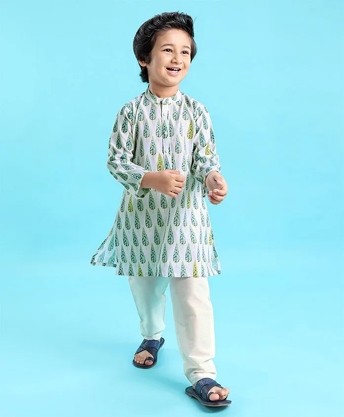 BAATCHEET COTTON FULL SLEEVES SOLID KURTA AND PANT WITH ELEPHANT BROOCH -  PISTA GREEN