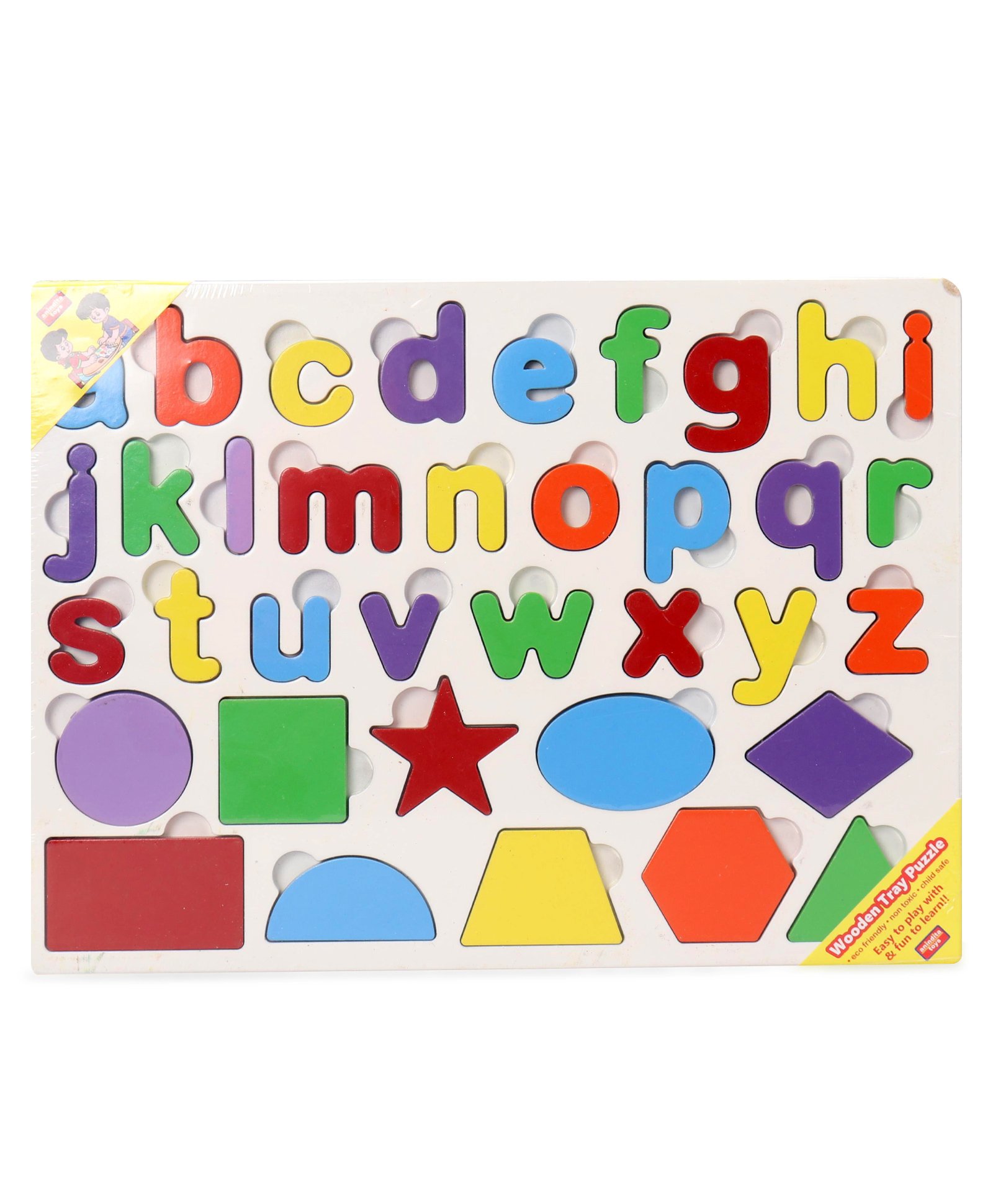 Anindita Wooden Alphabets & Shapes Board Puzzle with Thumbcuts Multicolor - 36 Pieces-image-0