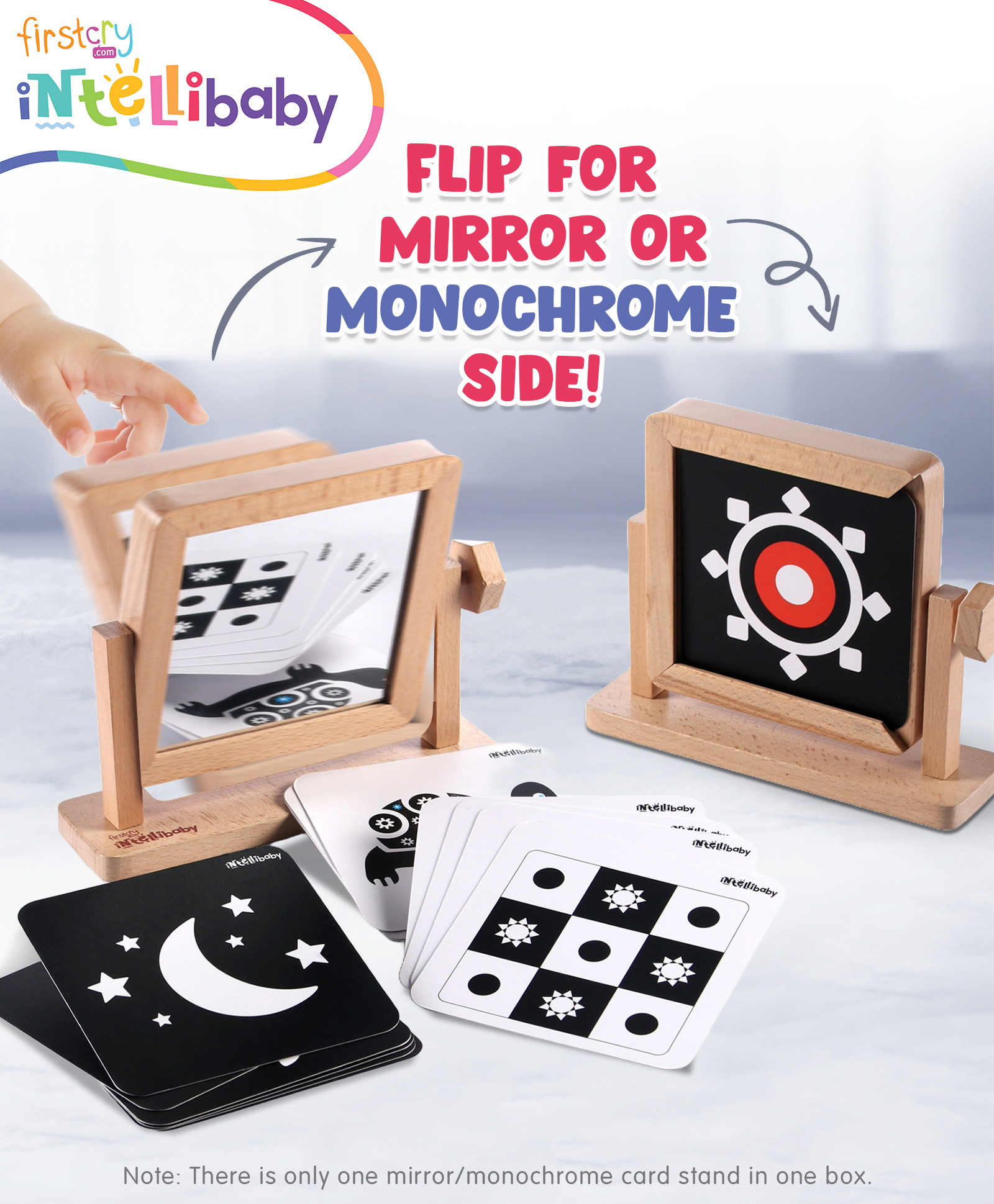 Intellibaby Wooden Mirror&Monochrome Card Set|30 Black & White Visuals|Tummy Time Play|Rotating Mirror & Adjustable Frame|Paediatrician Approved-image-22