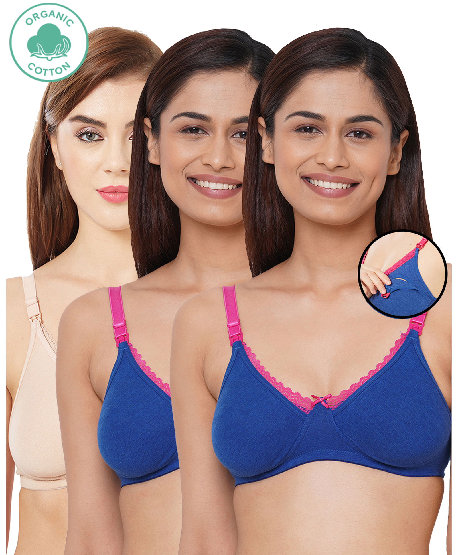 Inner Sense Pack Of 3 Organic Antimicrobial Laced Soft Nursing Bra - Blue & Cream-picture-42