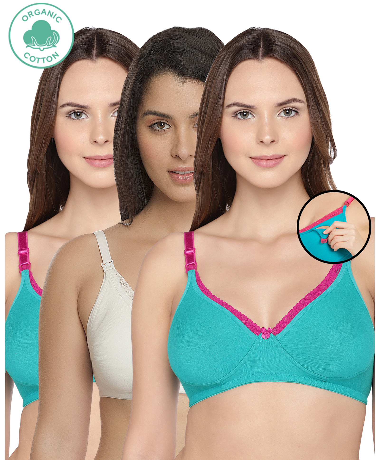 Inner Sense Pack Of 3 Organic Antimicrobial Laced Soft Nursing Bra - Green & White-image-16