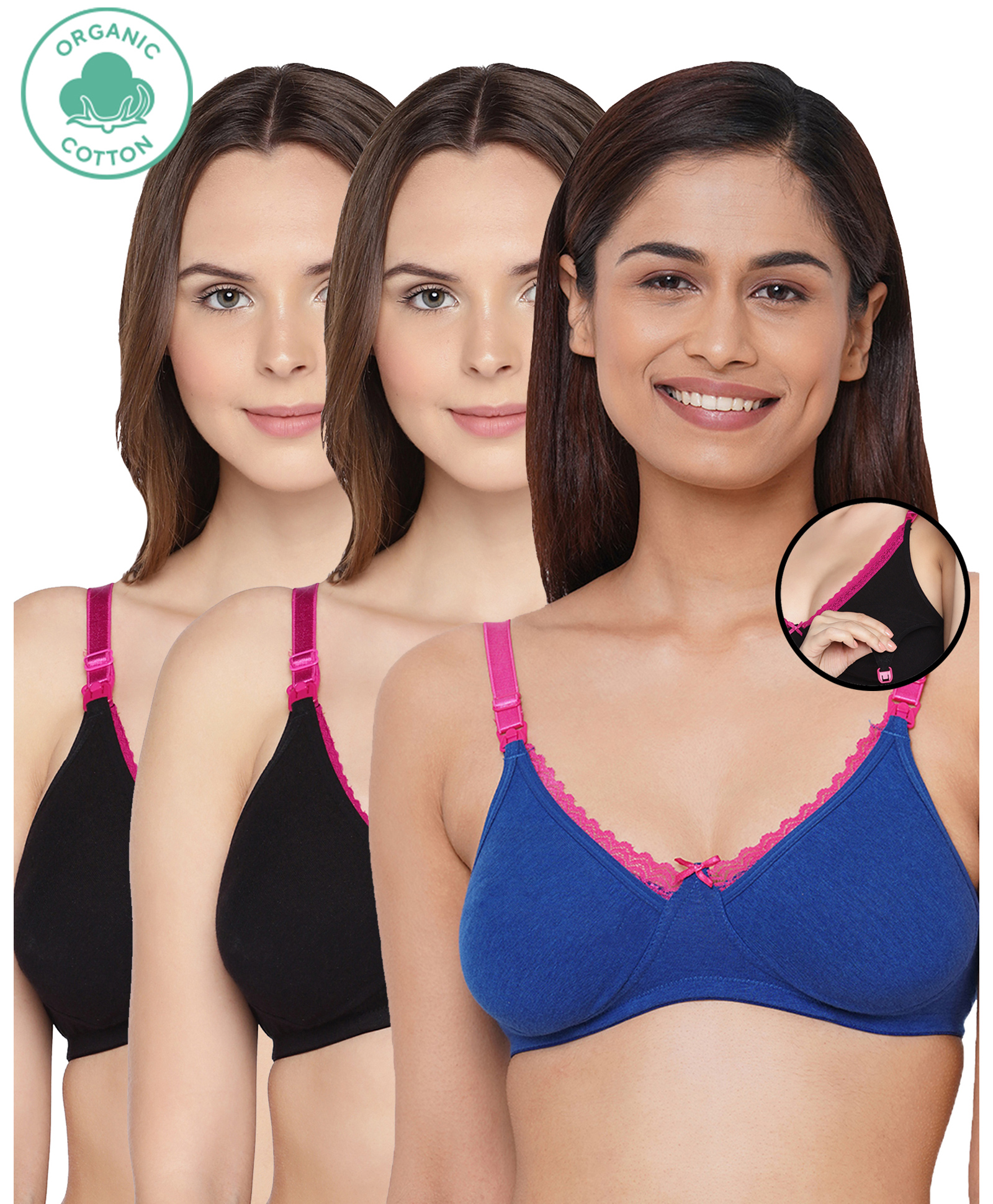 Inner Sense Pack Of 3 Organic Antimicrobial Laced Soft Nursing Bra - Blue & Black-image-2