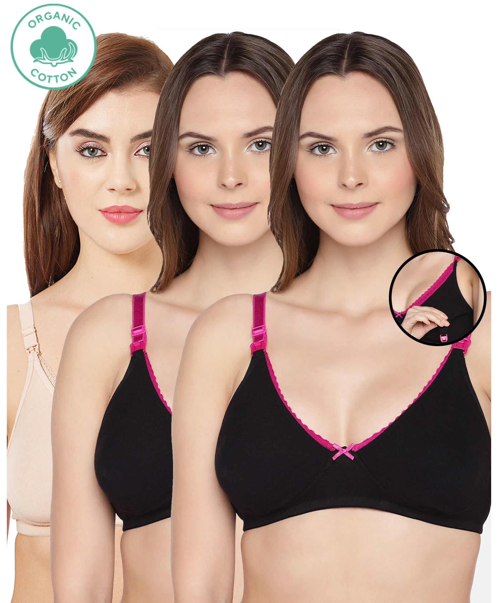 Inner Sense Pack Of 3 Organic Antimicrobial Laced Soft Nursing Bra - Black & Cream-picture-48