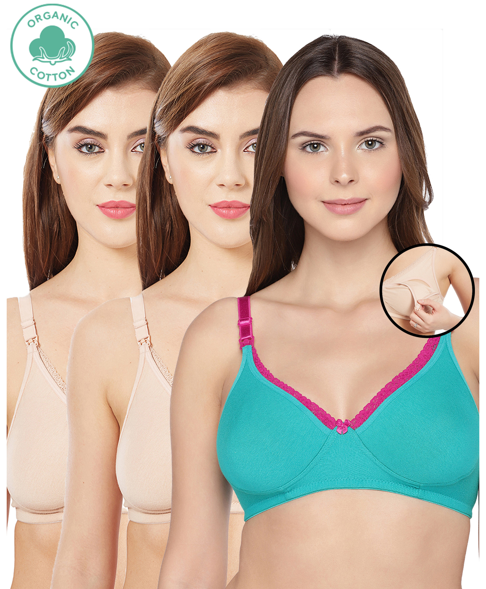 Inner Sense Pack Of 3 Organic Antimicrobial Laced Soft Nursing Bra - Cream & Green-picture-46