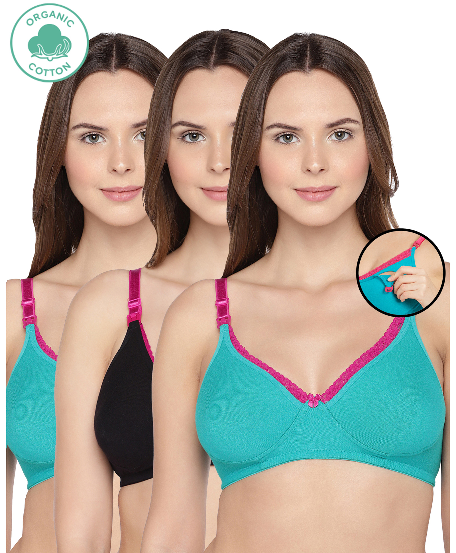 Inner Sense Pack Of 3 Organic Antimicrobial Laced Soft Nursing Bra - Black & Green-image-26