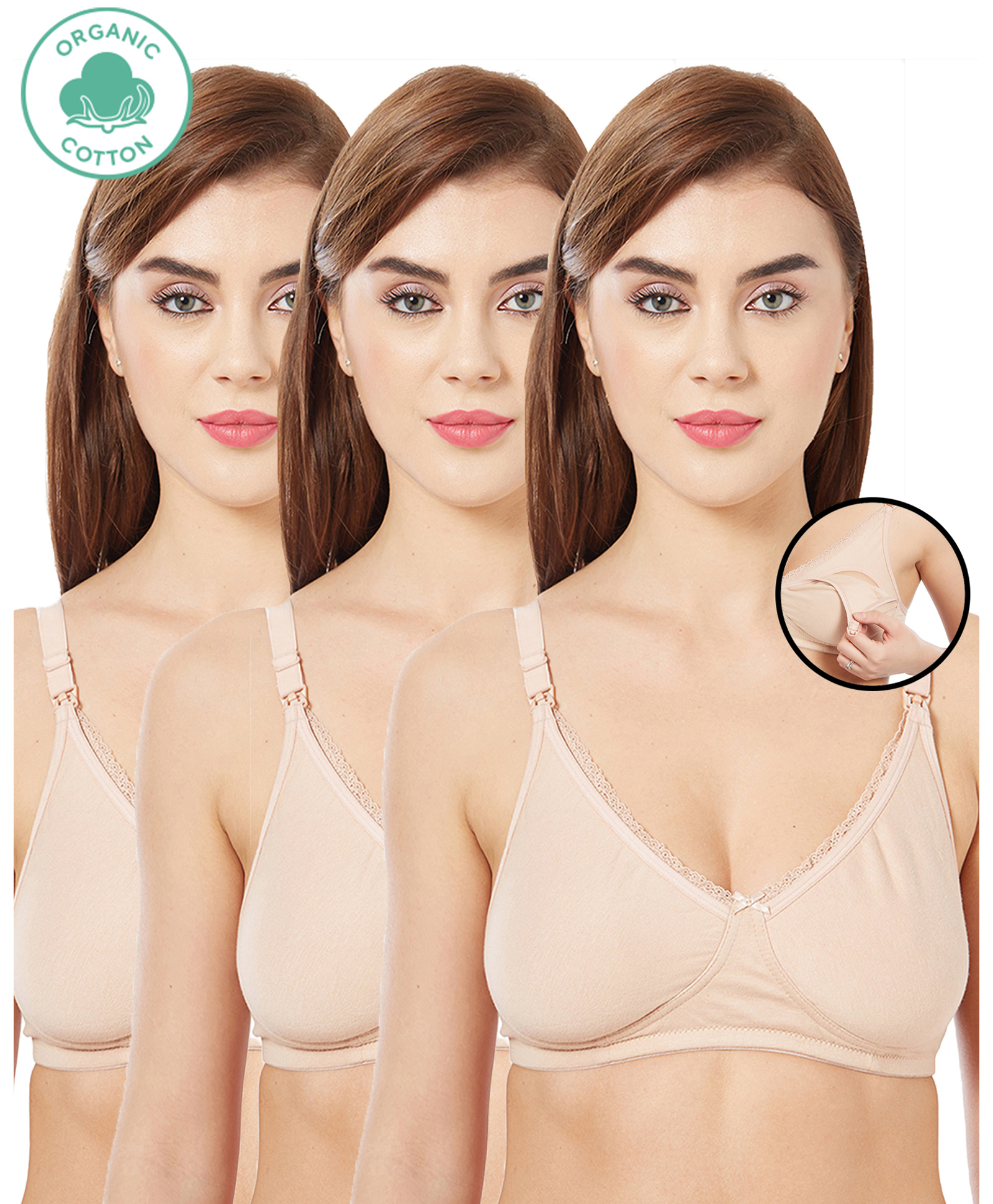 Inner Sense Pack Of 3 Organic Cotton Antimicrobial Soft Nursing Bra - Beige-image-44